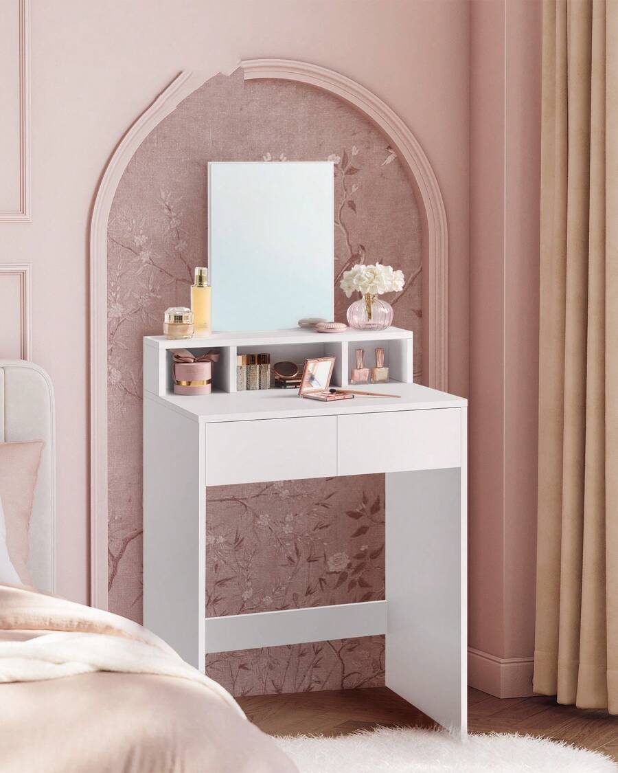 Modern White Dressing Table With 2 Drawers, Large Mirror, Anti-Tip Kit - White - View 1