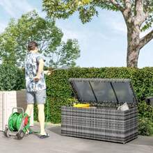Outsunny Rattan Auflagenbox 380L Wetterfest Kissenbox mit Deckel Eingebautem Griff Staurum UV-beständig Gartenbox Aufbewahrungsbox Beistelltisch Gartentruhe für Garten Balkon 130x61x65 cm Dunkelgrau - Grå - Visa 2