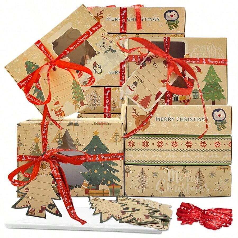 12 Packs Christmas Cookie Boxes With Window,Bakery Treat Boxes Gift Baking Box Christmas Kraft Gift Boxes With Ribbons And DIY Gift Tags For Gift Giving, Pastry, Candy, Party Favors (Small) - 1 件裝(12 包) - 查看 1