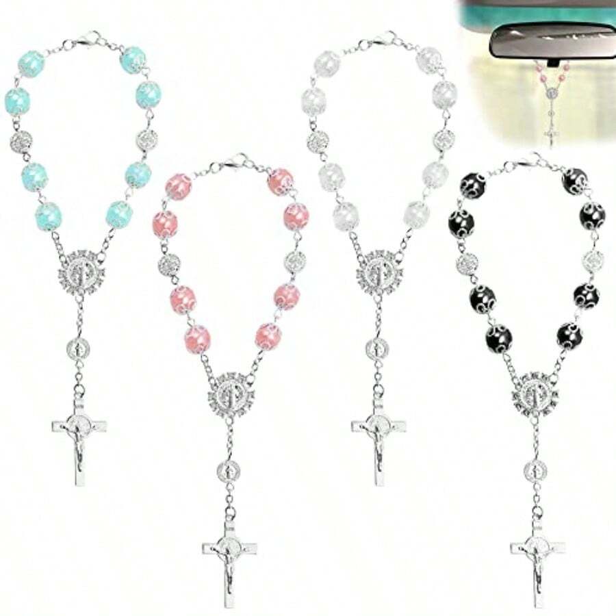 4 Pcs Rosary Beads Catholic FineGood Cross Car Mirror Hanging Accessories Blessing Auto Rear View Mirror Pendant Car Decor Interior - Bluewhitesilver - View 1