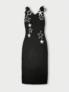 Đầm Yuwenier thanh lịch, xuyên thấu, chất liệu móc len, thêu thủ công hình sao biển, dây mảnh, hở lưng, thích hợp cho kỳ nghỉ hè ở bãi biển, màu đen dành cho nữ, mùa xuân. - màu đen - Xem 7