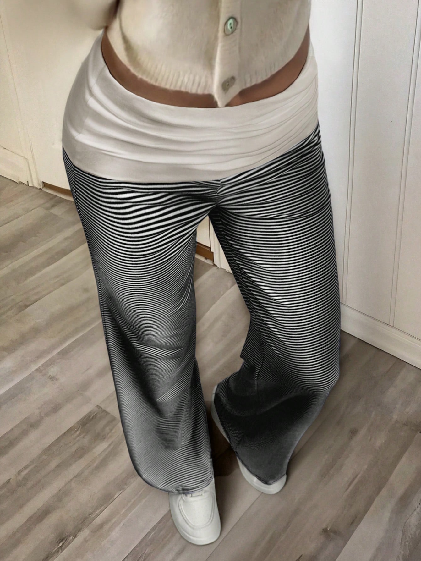 Sunny Girly Christmas Fall Women Clothes Y2k Back To School Pure Desire Style Waist Pure White Folded Design Striped Straight-Leg Trousers