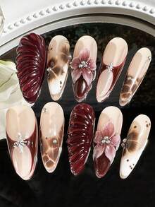 10pcs 3D Wavy, Floral Design Artificial Nails, Red-Brown Color, Almond Shape Press-On Nails, Handmade For Women & Girls Daily Wear Nail Supplies Handmade Press On Nails - 咖啡棕 - 查看 2