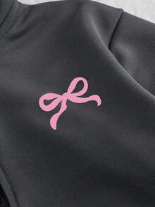 女童蝴蝶结图案纯色卫衣裤套装（2件套），简约设计，适合春、秋、冬季穿着。 - 深灰色 - 查看 4