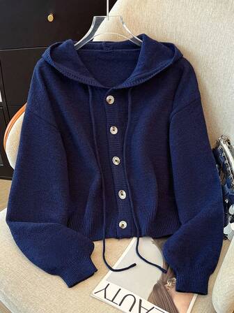 Chaqueta de punto con capucha, estilo minimalista, de botones y corta, para otoño/invierno, suéter versátil