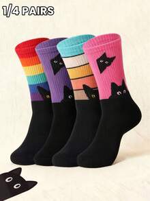 1/4 đôi tất mèo đen dễ thương dành cho nữ, tất cổ cao họa tiết sọc cầu vồng nhiều màu sắc hình động vật ngộ nghĩnh, quà tặng tất thường ngày mới lạ cho người yêu mèo - Nhiều màu - Xem 1