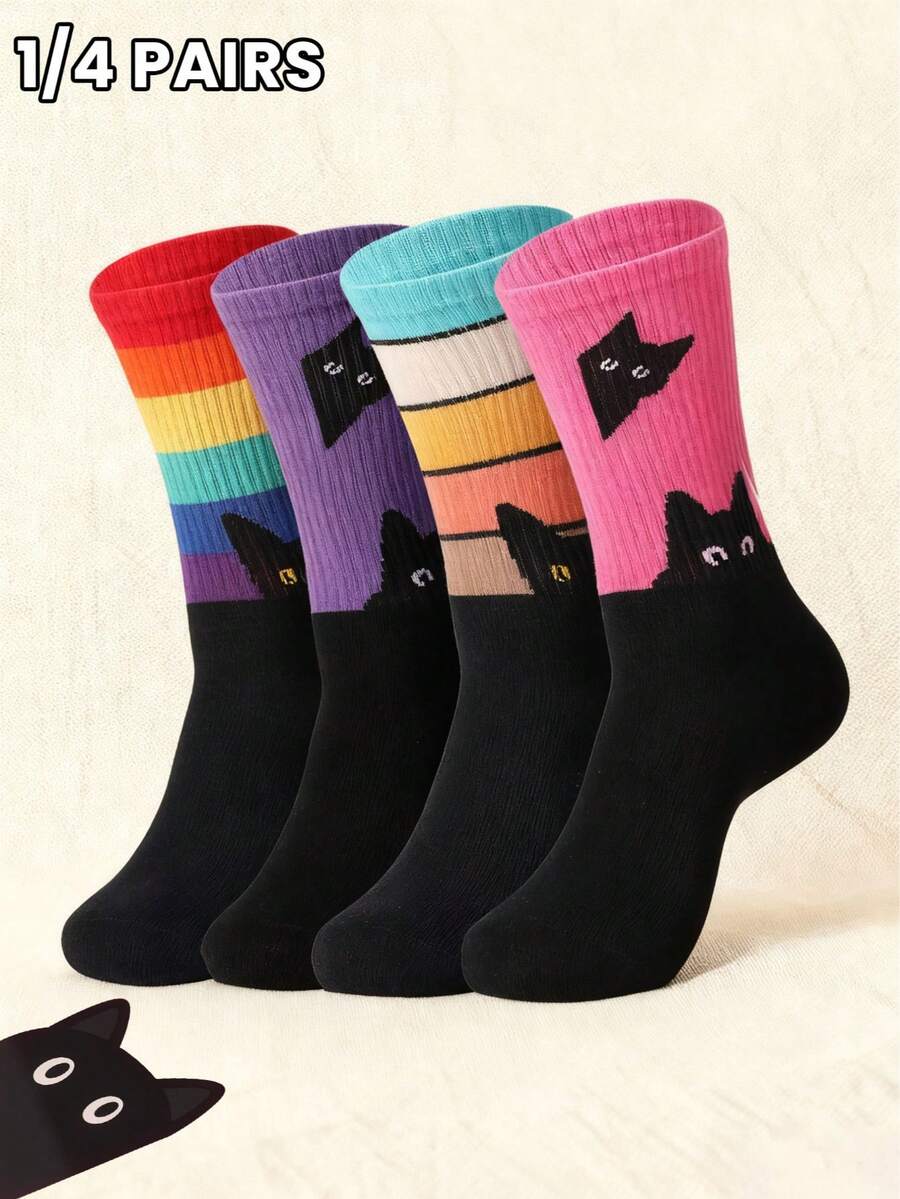 1/4 đôi tất mèo đen dễ thương dành cho nữ, tất cổ cao họa tiết sọc cầu vồng nhiều màu sắc hình động vật ngộ nghĩnh, quà tặng tất thường ngày mới lạ cho người yêu mèo - Nhiều màu - Xem 1