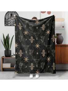 1pc Flannel Blanket, Golden Cactus Skull Theme Black Blanket Gift Blanket, Soft Warm And Comfortable Sofa Bed Office Blanket, Small Coverlet, Nap Blanket Halloween Christmas Gift