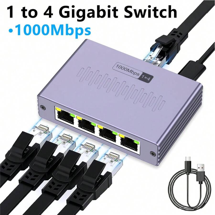 1-To-4 Gigabit Ethernet Switch, 1000Mbps RJ45 Splitter, USB-C Powered, Compact Purple Design, Ideal For Home Office, Gaming, Streaming, And More - Mauve Purple - View 1