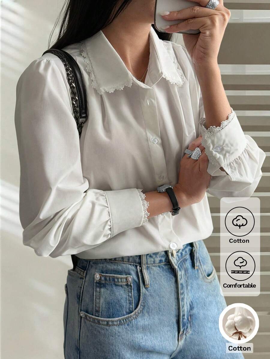 Sonniges, mädchenhaftes Herbst Damen Weihnachts Lässig Straßen Pendler Koreanischer Stil Loose Einfarbig Langarm Baumwolle Weiß Hemd