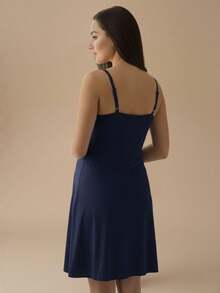 Nursing Nightgown With Lace Detail Postpartum Comfort Maternity. - Navy Blue - View 4