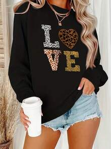 2026 Valentine's Day "LOVE" Pattern Printed Sweatshirt - Leopard Print And Glitter Decoration, Plus Size Women's Casual Long Sleeve Round Neck, Autumn And Winter Machine Washable Polyester Fabric, Suitable For Cheerleading Uniforms And Daily Outfits, Comfortable Fabric, Valentine's Day Gift Loose And Comfortable Winter Clothes For Women Women's Coats - 黑色 - 查看 12