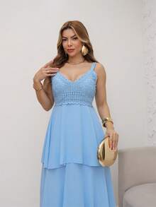 Elegant Women's Long Chiffon Dress With Padded Bra And Straps For Summer Parties 3RD SD1551 - Màu xanh lam - Xem 2