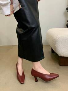 2025新款粗跟V领高跟鞋，方头复古奶奶鞋，春季女式女巫鞋 - 酒紅色 - 查看 5