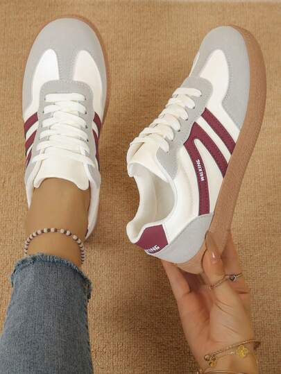 圆头高帮学生休闲日常百搭系带运动鞋 2025 新款撞色字母女鞋，平底简约不累脚低帮运动鞋