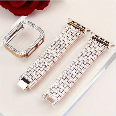 1 set: 1 st. moderiktigt klockarmband med dubbel rad och strass + 1 st. skyddande fodral med galvaniserad strass-PC, lämpligt för Apple Watch-armband SE 3/11/10/9/8/7/6/5/4, fallskyddande och andningsbart klockfodral, passar 40/41/42/44/45/46 mm