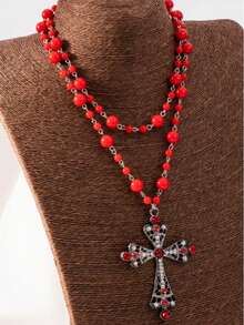 Gothic Style Double-Layer Metal Cross Pendant Necklace With Red Beaded Chain, Suitable For Women - Multicolor 5 - View 3