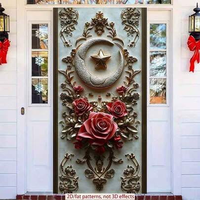 2D Polyester Ramadan Door Banner 1pc Exquisite Islamic - Inspired Wall Art With Crescent Moon, Star, And Roses Eid Al-Fitr Photo Props And Supplies, Suitable For Muslim Ramadan And Eid Al-Adha Celebrations, Islamic-Themed Holiday Decorations