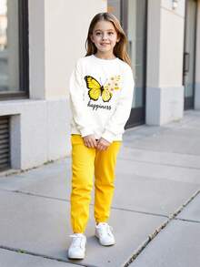 Bộ 2 áo nỉ cổ tròn in họa tiết bướm và hoa cúc cho bé gái, thoải mái và thời trang cho mùa xuân/thu - Màu vàng - Xem 2