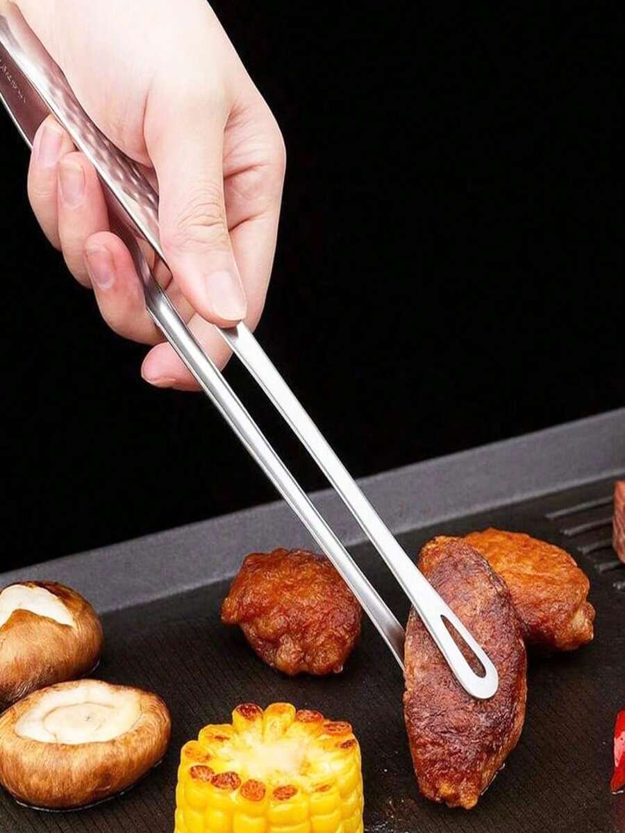 1pc Stainless Steel Food Tongs, Long Handle Non-Slip BBQ Tongs, Steak Tongs, Kitchen Cookware Accessory - Silver - View 1
