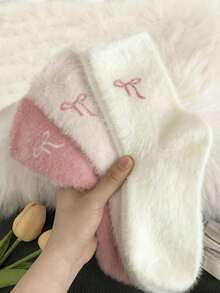 3 Paar Damen Herbst/Winter Socken, Kunstfell Schleife flauschige Kniestrümpfe, süß & niedlich, dick & warm für Zuhause & Schlaf