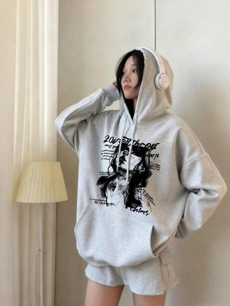 Women's Loose Black Printed T-Shirt - Short Sleeves, Loose Fit, Machine Washable, Japanese Text, Panda Pattern Design - Light Gray - View 1