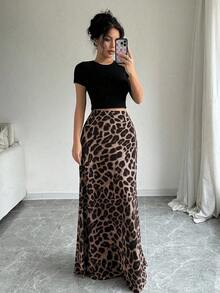 Plus Size Women Leopard Print Elastic Waist Casual Skirt, Comfortable For All Seasons - Leopard Print - View 1