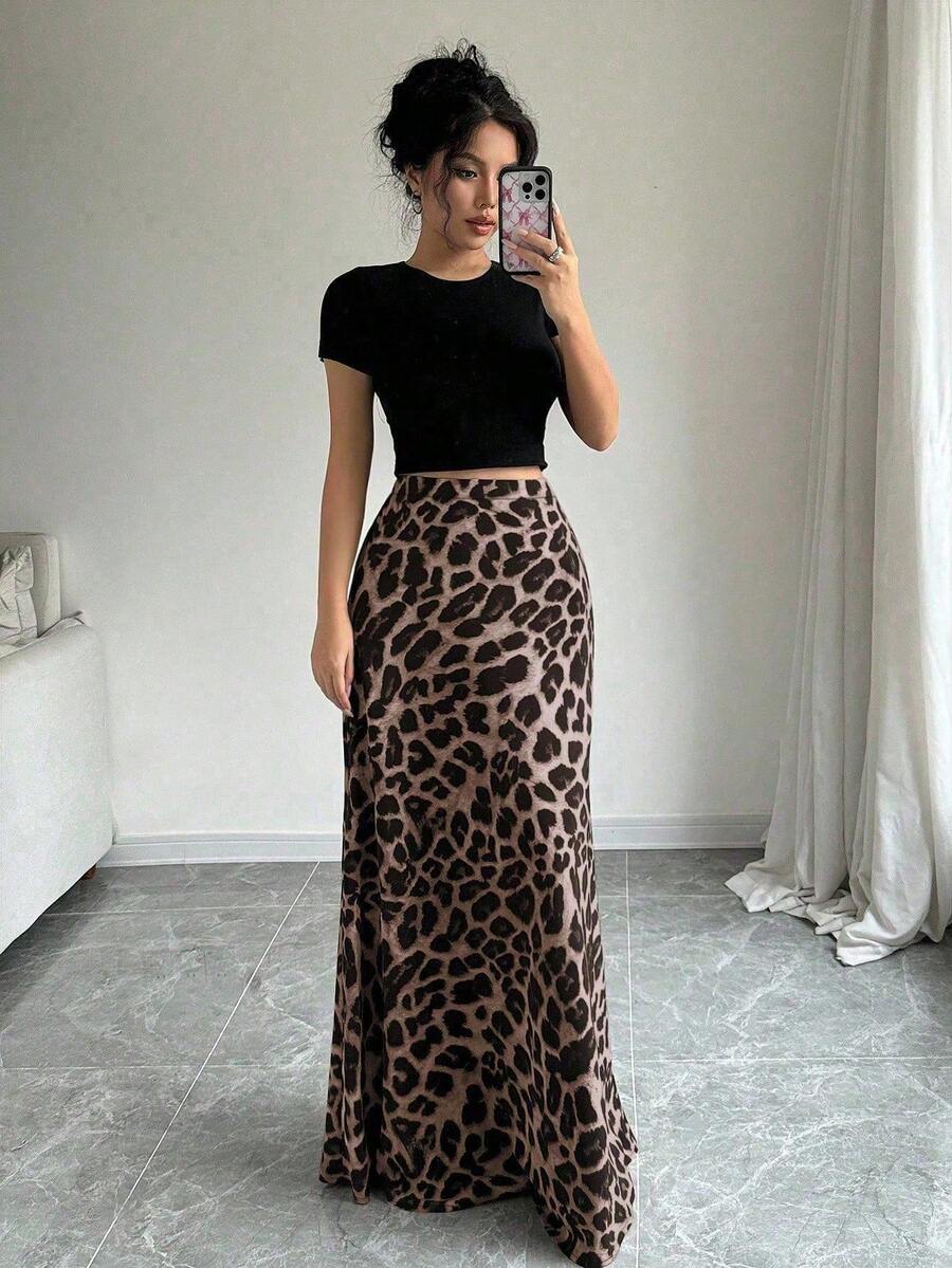Plus Size Women Leopard Print Elastic Waist Casual Skirt, Comfortable For All Seasons - Leopard Print - View 1