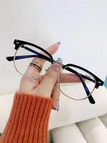 A Pair Of Men's Fashionable Metal Half Frame Polygonal Flat Glasses, Suitable For Office, Mobile Phones, Computers, Games, Students, Gifts, Etc - Clear - View 8