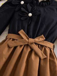 Girls Elegant 3D Floral Pearl Design Ruffle Collar Long Sleeve Dress, Contrast Ruffle Hem And Decorative Waistband, Suitable For Spring And Autumn - Mocha Brown - View 5