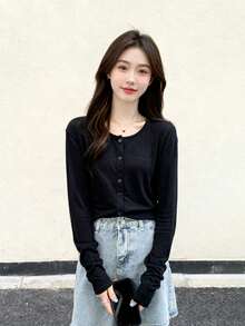 女式纯色单排扣休闲长袖 T 恤，春夏 - 黑色 - 查看 1