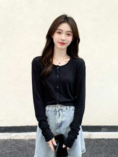 女式纯色单排扣休闲长袖 T 恤，春夏