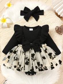 2件套柔软舒适休闲优雅甜美可爱女宝宝花卉刺绣荷叶边网纱公主连体衣连衣裙套装，含发带，新生儿女宝宝服装，女宝宝连衣裙，女童套装，适合日常穿着、度假、派对和拍照 - 彩色 - 查看 2