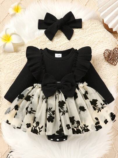 2件套柔软舒适休闲优雅甜美可爱女宝宝花卉刺绣荷叶边网纱公主连体衣连衣裙套装，含发带，新生儿女婴服装，女婴连衣裙，女童套装，适合日常穿着、度假、派对和拍照