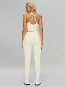 مجموعة سترة وبنطلون رياضي للنساء من MFVIM، باللون الأصفر الفاتح مع تباين لوني، بتصميم رياضي مكون من قطعتين، بخامة مرنة عالية وظهر مفتوح، مناسب للرياضات الخارجية كالتنس والجولف والرياضات الأخرى، بطقم بنطلون طويل - لون شمبانيي - مشاهدة 5