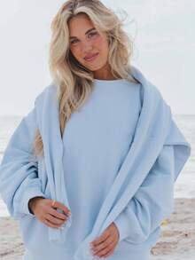 Women's Lazy Style Sweatshirt Shorts Set Oversize Design Sweet Style Versatile For Daily Casual Looks - 藍色 - 查看 4