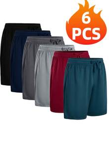 6PCS  Men's Athletic Performance Shorts ,Men's Sports Shorts, Basketball Shorts, Running, Fitness, Hiking, Quick Drying Fabric, Breathable And Comfortable - 黑+深灰+淺灰+藏青+酒紅+青 - 查看 1