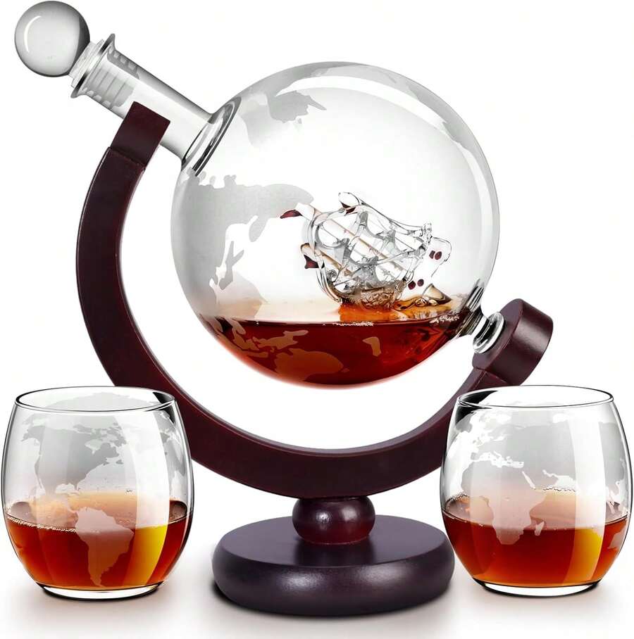 Whiskey Decanter Sets For Men, Whiskey Decanter Globe Set With 2 Etched Globe Whisky Glasses For Liquor, Bourbon, Cocktails, Vodka, Scotch Liquor Decanter Sets - 850ml - 紅木色 - 查看 1