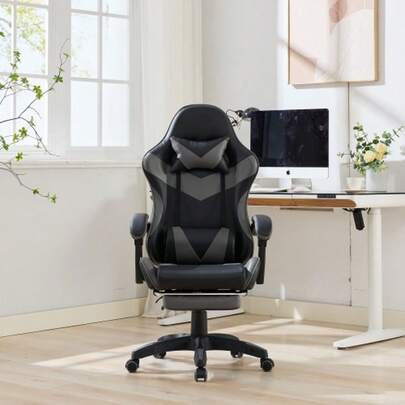 Ergonomic Racing-Style Gaming Chair With 360° Swivel Function, Leather Upholstery, High Backrest, Height Adjustable, With Footrest, Headrest And Lumbar Support For Office And Gaming