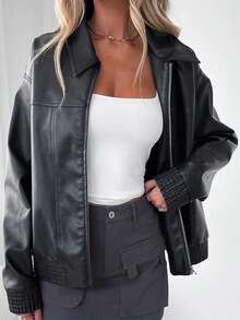 جاكيت بيسبول جلد PU صغيرة الحجم عصرية، معطف سحاب طويل الأكمام - الأسود - مشاهدة 2