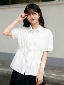 純色帶圖案前褶羈扣襯衫