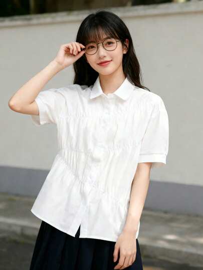 純色帶圖案前褶羈扣襯衫