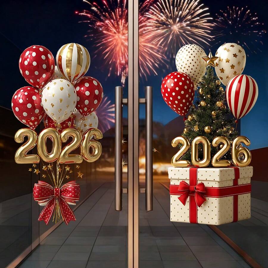 1pc 2026 New Year Reusable Vinyl Gold Balloon Static Cling Window Decal, Living Room Bedroom Home Decor, New Year Party Gift - Multicolor - View 1