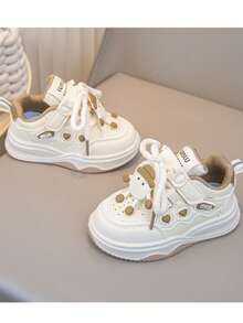 1 Pair Cartoon Character PU Material Pink Lace-Up Children's Sports Shoes, Fashion Versatile Comfortable Toddler Walking Shoes, Lightweight Casual Girls Running Shoes, Suitable For Daily Wear - Khaki - View 2