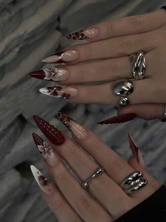 Uñas postizas de 10 piezas hechas a mano con diseños 3D de olas, flores, rojo y marrón, de forma almendrada larga, para uso diario de mujeres y niñas