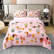 % Cotton Pink Dachshund Comforter Cover, Flower Floral Bedding Set, Kawaii Sausage Dog Duvet Cover, Lovely Puppy Quilt Cover, Soft Comfy, Dachshund Bedding - 粉色 - 查看 11