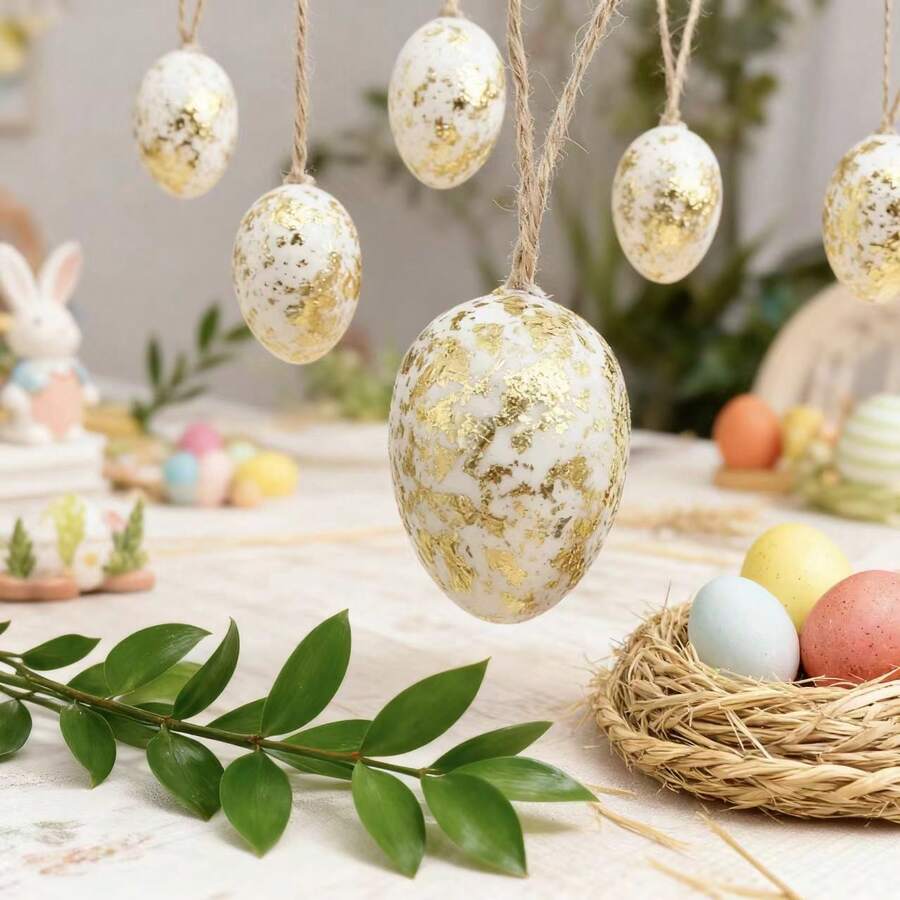 16pcs 3x4cm Easter Plastic Eggs, Hanging Eggs With Gold Foil On Surface, Use For Easter Party Decoration