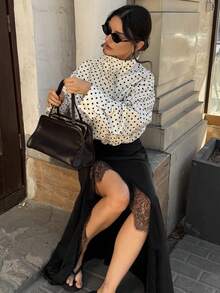 MUMRAP 女式休闲波尔卡圆点长袖宽松夹克秋季时尚立领拉链外套 - 白色 - 查看 6