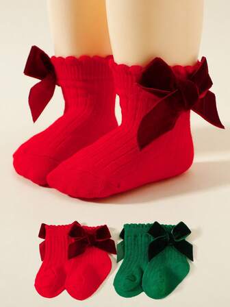 2 Pairs Children's Bow Decorated Socks, Autumn/Winter, Christmas