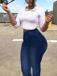 Women Elastic High Stretch Mid Rise Jeans, Slim Fit Form-Fitting Denim Pants For Daily Wear & Night Out - Dark Wash - View 3